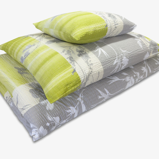 100% Pamut (Krepp) | 3 részes Ágynemű huzat garnitúra | Szürke - Zöld mintás